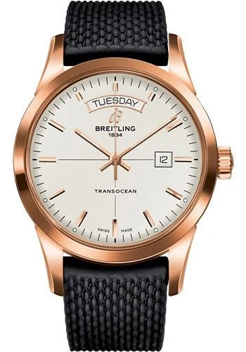 Breitling Transocean Day & Date Watch - 18k Red Gold - Mercury Silver Dial - Black Rubber Aero Classic Strap - R4531012/G752/279S/R20D.3