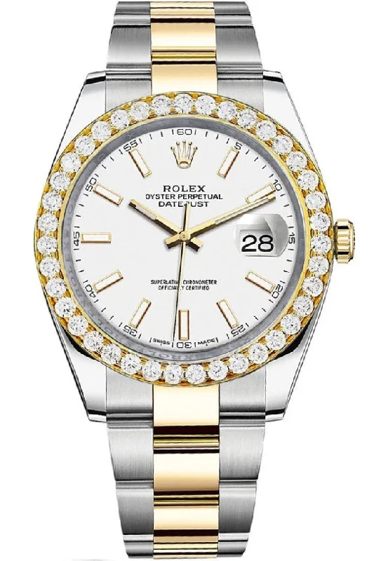 Rolex Custom Diamond Bezel Datejust 41mm White Dial Two Tone Oyster Men's Watch 126333