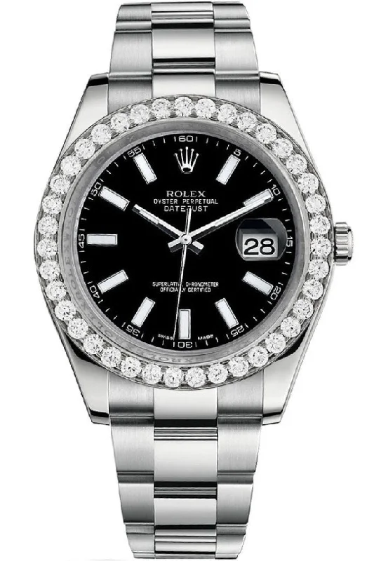 Rolex Custom Diamond Bezel Datejust 41mm Black Dial Steel Oyster Men's Watch 116300 Pre-owned