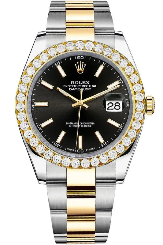 Rolex Custom Diamond Bezel Datejust 41mm Black Dial Two Tone Oyster Men's Watch 126333