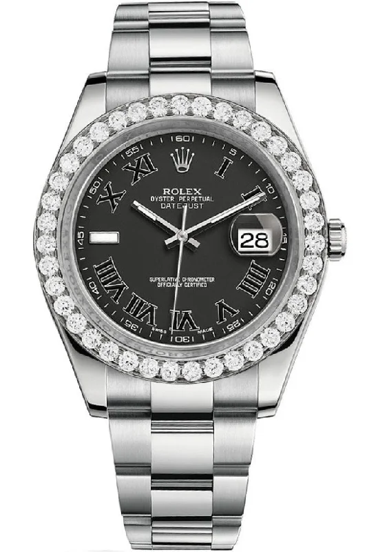 Rolex Custom Diamond Bezel Datejust 41mm Black Roman Dial Steel Oyster Men's Watch 116300 Pre-owned