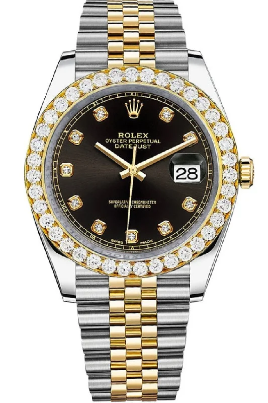 Rolex Custom Diamond Bezel Datejust 41mm Black set with Diamond Dial Two Tone Jubilee Men's Watch 126333