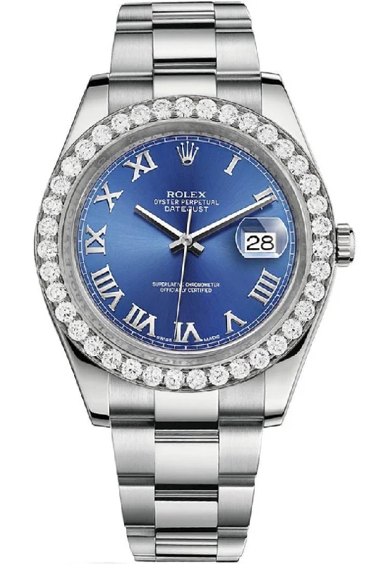 Rolex Custom Diamond Bezel Datejust 41mm Blue Azzurro Dial Steel Oyster Men's Watch 116300 Pre-owned