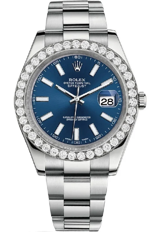 Rolex Custom Diamond Bezel Datejust 41mm Blue Dial Steel Oyster Men's Watch 116300 Pre-owned