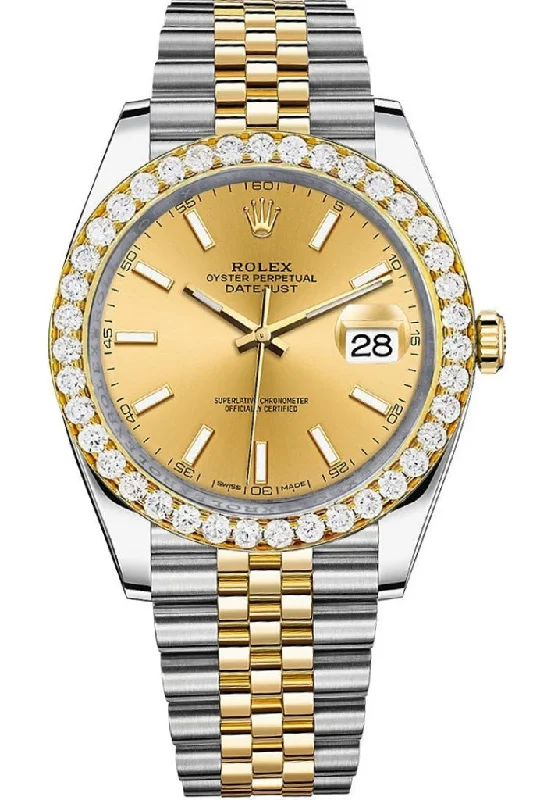 Rolex Custom Diamond Bezel Datejust 41mm Champagne Dial Two Tone Jubilee Men's Watch 126333