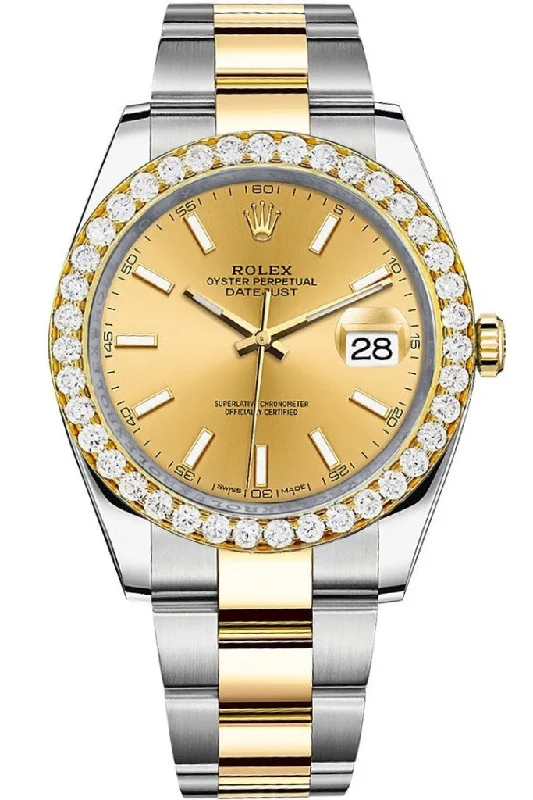 Rolex Custom Diamond Bezel Datejust 41mm Champagne Dial Two Tone Oyster Men's Watch 126333