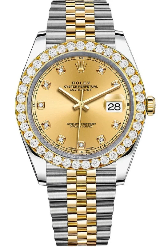 Rolex Custom Diamond Bezel Datejust 41mm Champagne set with Diamond Dial Two Tone Jubilee Men's Watch 126333