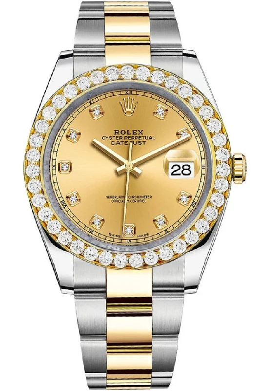 Rolex Custom Diamond Bezel Datejust 41mm Champagne set with Diamond Dial Two Tone Oyster Men's Watch 126333