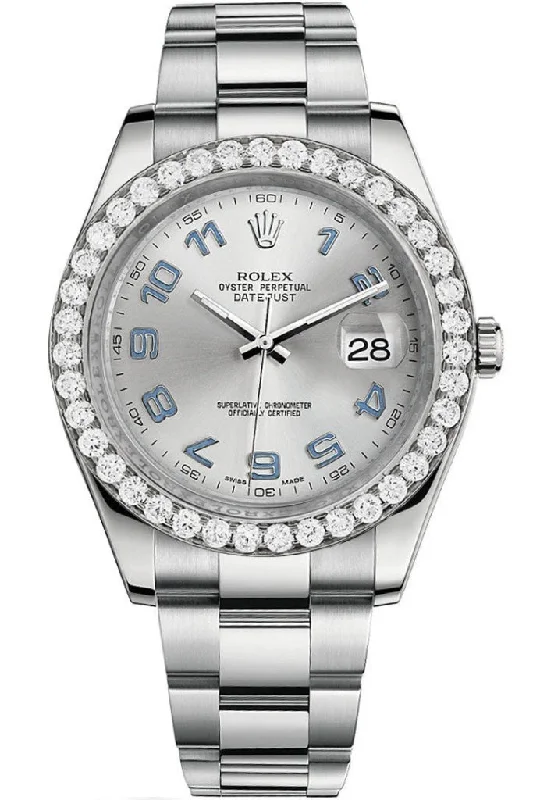 Rolex Custom Diamond Bezel Datejust 41mm Rhodium Arab Dial Steel Oyster Men's Watch 116300 Pre-owned