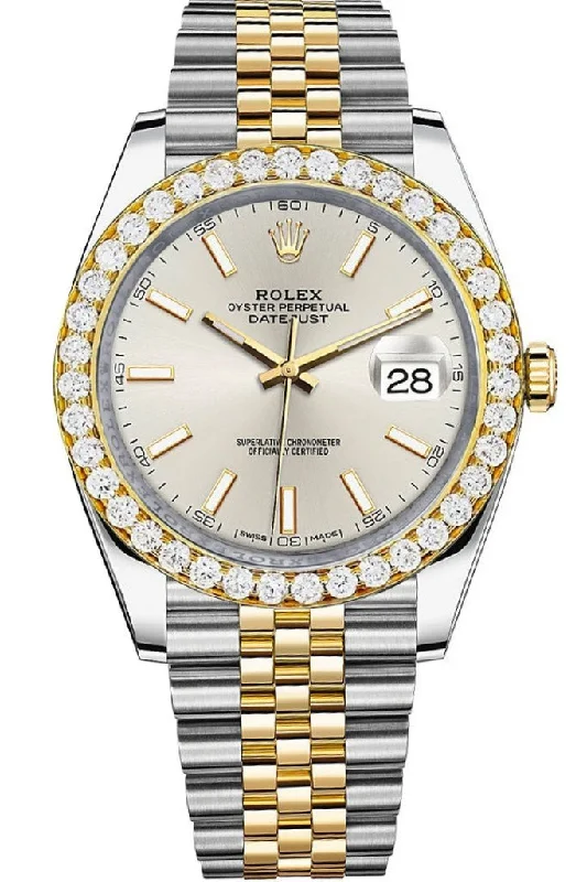 Rolex Custom Diamond Bezel Datejust 41mm Silver Dial Two Tone Jubilee Men's Watch 126333