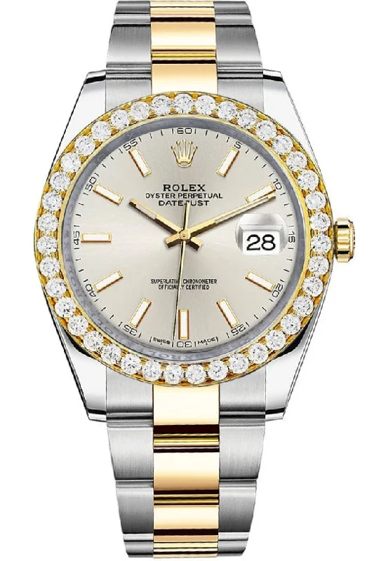 Rolex Custom Diamond Bezel Datejust 41mm Silver Dial Two Tone Oyster Men's Watch 126333