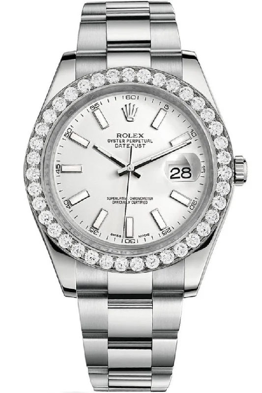 Rolex Custom Diamond Bezel Datejust 41mm White Dial Steel Oyster Men's Watch 116300 Pre-owned