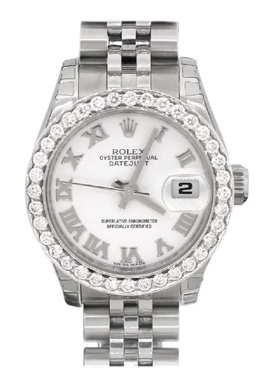 Rolex Custom Datejust 26 White Roman Dial Custom Diamond Bezel Ladies Watch 179160 Pre-owned