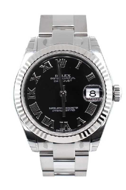 ROLEX Datejust 31 Black Roman Dial 18k White Gold Fluted Bezel Ladies Watch 178274 Pre-owned