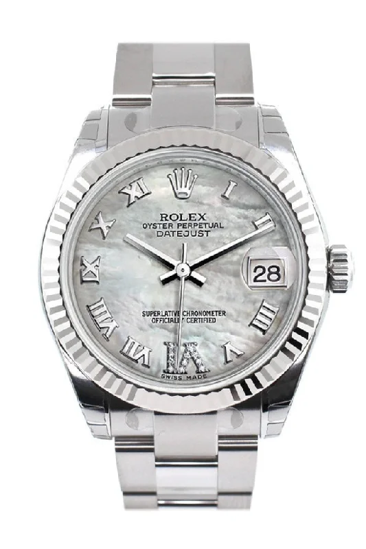 Rolex Datejust 31 Mother of Pearl Roman Large VI Diamond Dial White Gold Fluted Bezel Ladies Watch 178274 Pre-owned