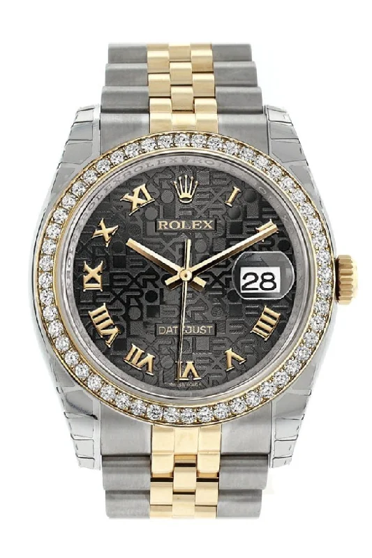 Rolex Datejust 36 Black Jubilee Roman Dial 18k White Gold Diamond Bezel Jubilee Ladies Watch 116243 Pre-owned