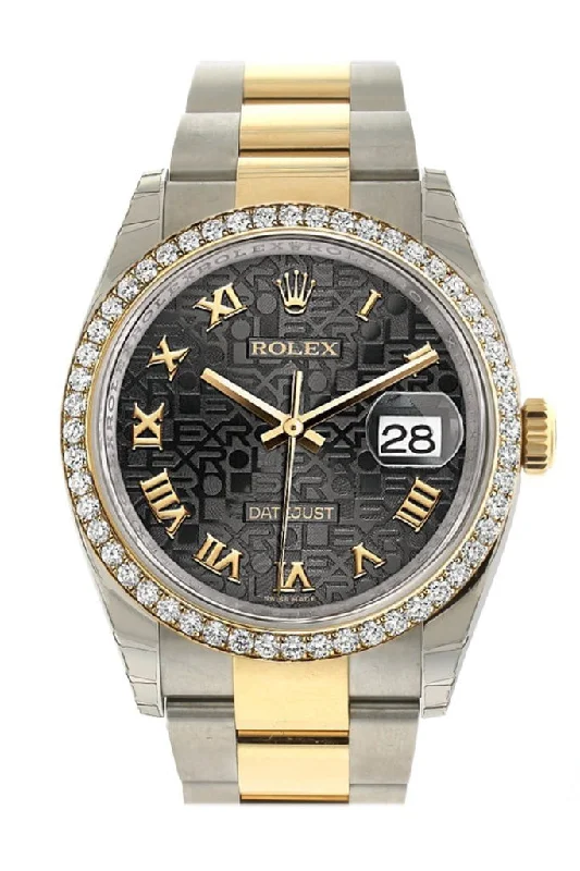 Rolex Datejust 36 Black Jubilee Roman Dial 18k White Gold Diamond Bezel Ladies Watch 116243 Pre-owned