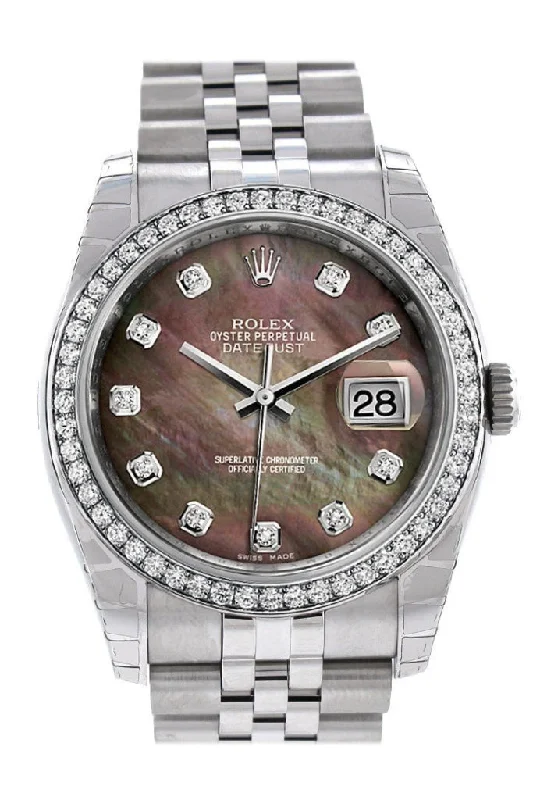 Rolex Datejust 36 Black Mother-of-pearl Diamonds Dial 18k White Gold Diamond Bezel Jubilee Men's Watch 116244 Pre-owned