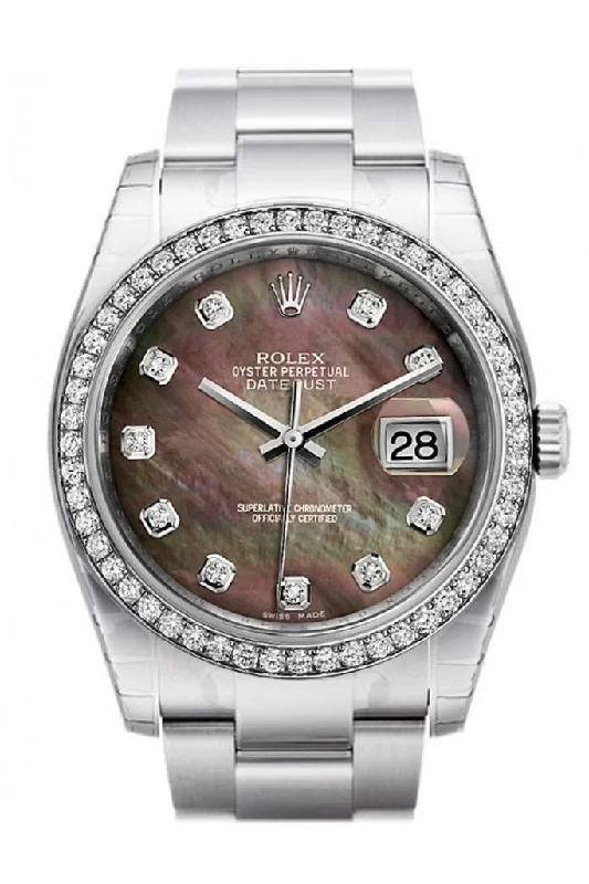 Rolex Datejust 36 Black Mother-of-pearl Diamonds Dial 18k White Gold Diamond Bezel Men's Watch 116244 Pre-owned