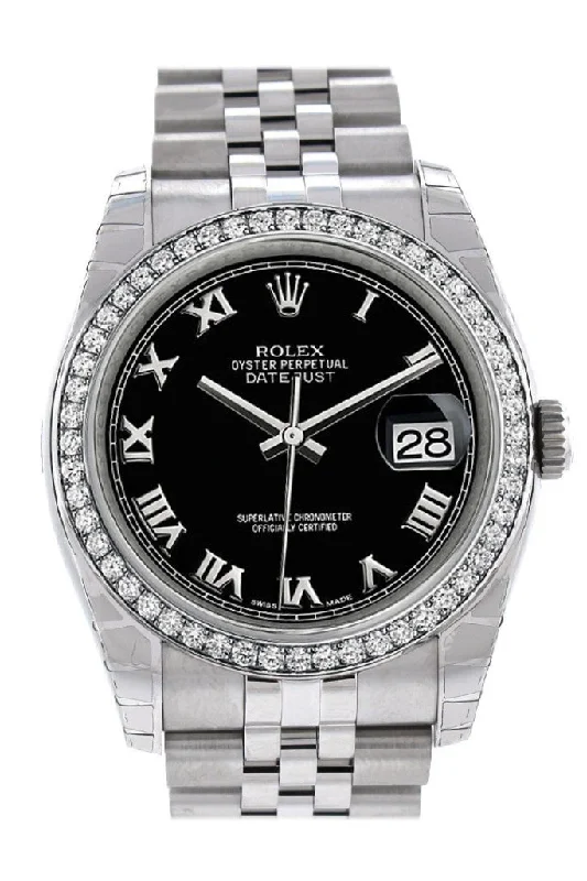 Rolex Datejust 36 Black Roman Dial 18k White Gold Diamond Bezel Jubilee Men's Watch 116244 Pre-owned