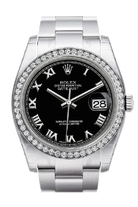 Rolex Datejust 36 Black Roman Dial 18k White Gold Diamond Bezel Men's Watch 116244 Pre-owned