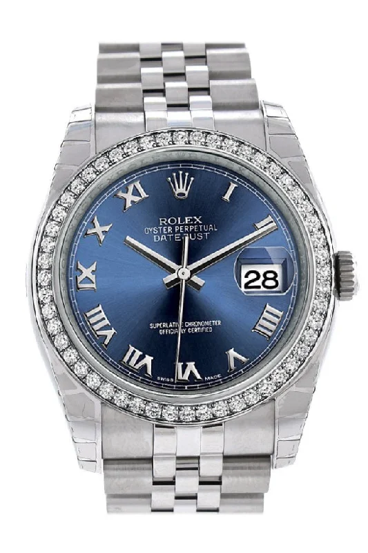 Rolex Datejust 36 Blue Roman Dial 18k White Gold Diamond Bezel Jubilee Men's Watch 116244 Pre-owned