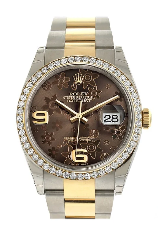 Rolex Datejust 36 Bronze Floral Motif Dial 18k White Gold Diamond Bezel Ladies Watch 116243 Pre-owned