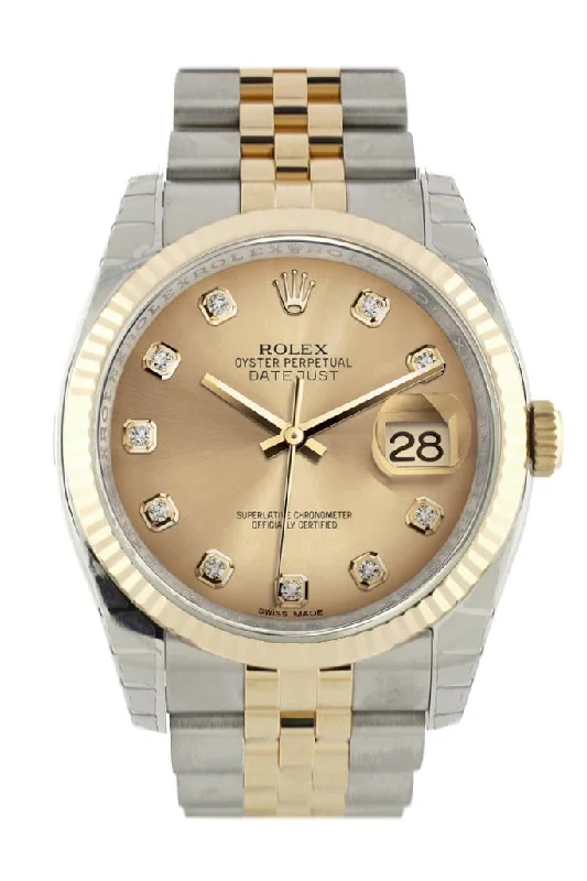 Rolex Datejust 36 Champagne-colour Diamond Dial Fluted 18K Gold Two Tone Jubilee Watch 116233 Pre-owned