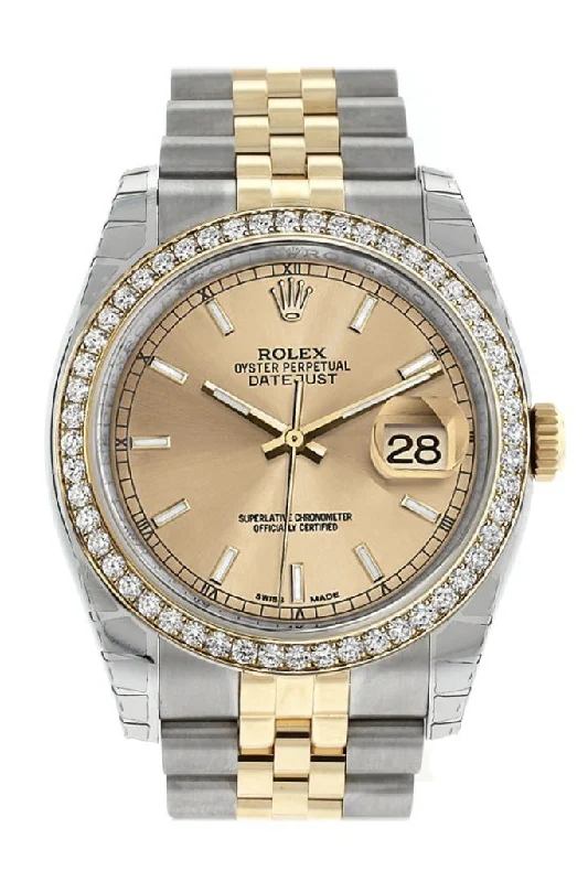 Rolex Datejust 36 Champagne Dial 18k White Gold Diamond Bezel Jubilee Ladies Watch 116243 Pre-owned