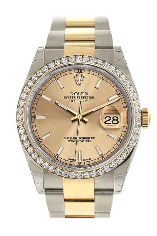 Rolex Datejust 36 Champagne Dial 18k Gold Diamond Bezel Ladies Watch 116243 Pre-owned