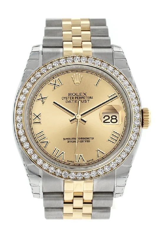 Rolex Datejust 36 Champagne Roman Dial 18k White Gold Diamond Bezel Jubilee Ladies Watch 116243 Pre-owned