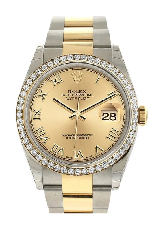 Rolex Datejust 36 Champagne Roman Dial 18k White Gold Diamond Bezel Ladies Watch 116243 Pre-owned