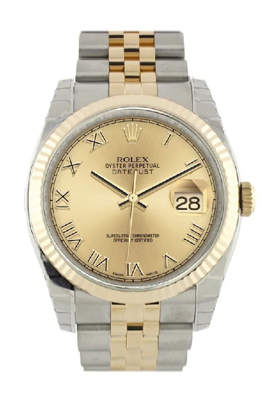 Rolex Datejust 36 Champagne Roman Dial Fluted 18K Gold Two Tone Jubilee Watch 116233 Pre-owned