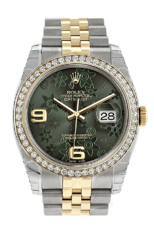 Rolex Datejust 36 Green Floral Motif Dial 18k White Gold Diamond Bezel Jubilee Ladies Watch 116243 Pre-owned