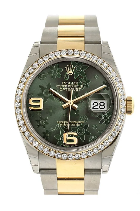 Rolex Datejust 36 Green Floral Motif Dial 18k White Gold Diamond Bezel Ladies Watch 116243 Pre-owned