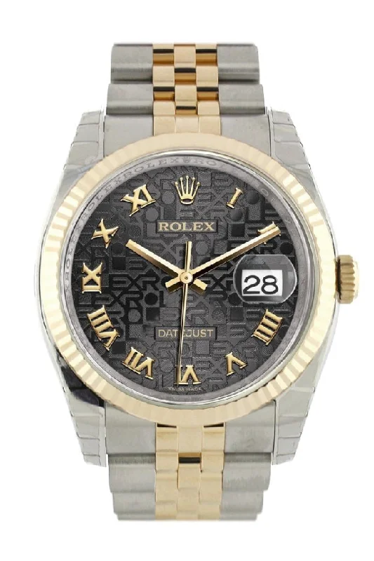 Rolex Datejust 36 Black Jubilee Roman Dial Fluted 18K Gold Two Tone Jubilee Watch 116233 Pre-owned