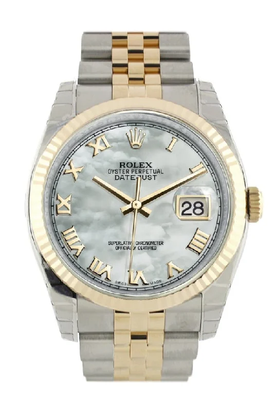 Rolex Datejust 36 White mother-of-pearl Roman Dial Fluted 18K Gold Two Tone Jubilee Watch 116233 Pre-owned