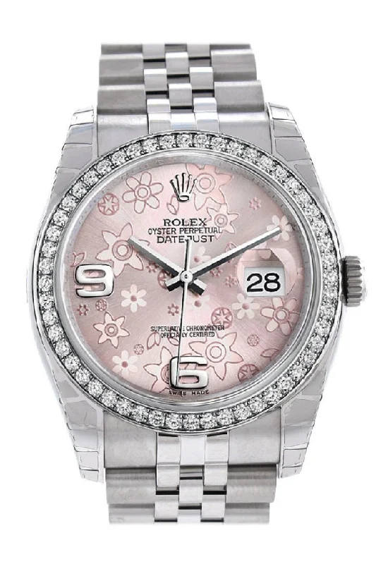 Rolex Datejust 36 Pink Floral Motif Dial 18k White Gold Diamond Bezel Jubilee Watch 116244 Pre-owned