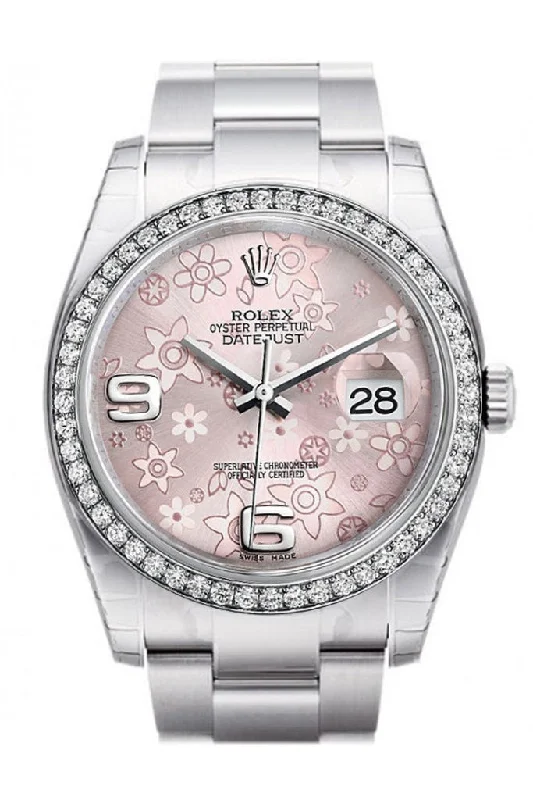 Rolex Datejust 36 Pink Floral Motif Dial 18k White Gold Diamond Bezel Men's Watch 116244 Pre-owned