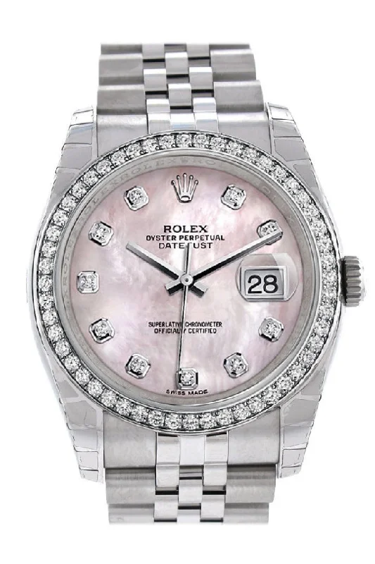 Rolex Datejust 36 Pink Mother-of-pearl Diamonds Dial 18k White Gold Diamond Bezel Jubilee Men's Watch 116244 Pre-owned