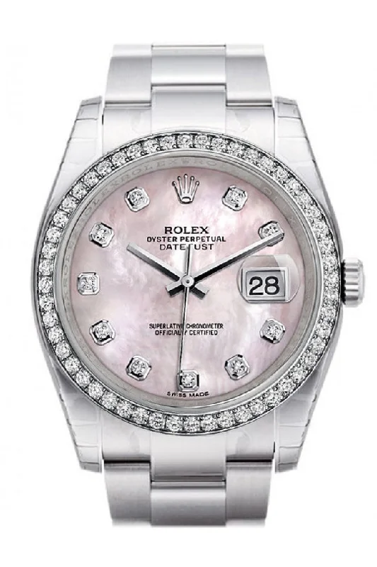 Rolex Datejust 36 Pink Mother-of-pearl Diamonds Dial 18k White Gold Diamond Bezel Men's Watch 116244 Pre-owned