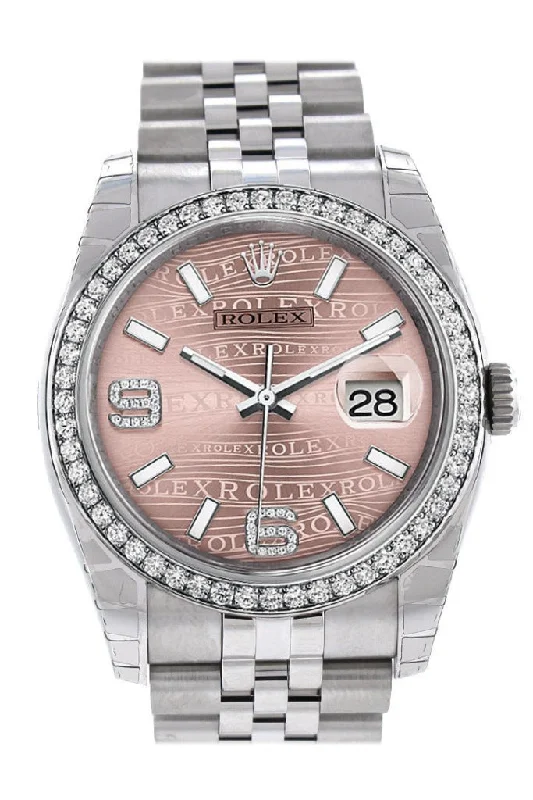 Rolex Datejust 36 Pink Waves Diamonds Dial 18k White Gold Diamond Bezel Jubilee Men's Watch 116244 Pre-owned