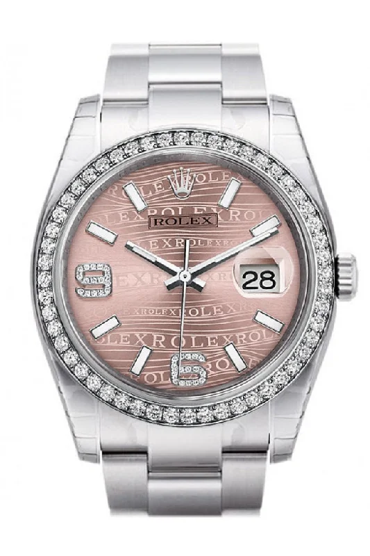 Rolex Datejust 36 Pink Waves Diamonds Dial 18k White Gold Diamond Bezel Men's Watch 116244  Pre-owned