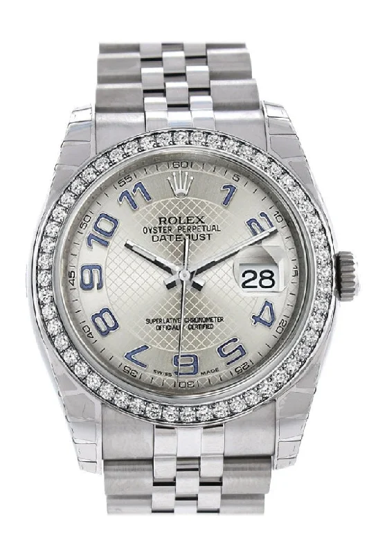 Rolex Datejust 36 Silver Arab Dial 18k White Gold Diamond Bezel Jubilee Men's Watch 116244 Pre-owned