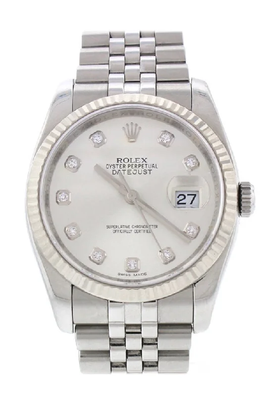 Rolex DateJust 36 Silver Diamond Dial 18k White Gold Bezel Watches 116234 Pre-owned