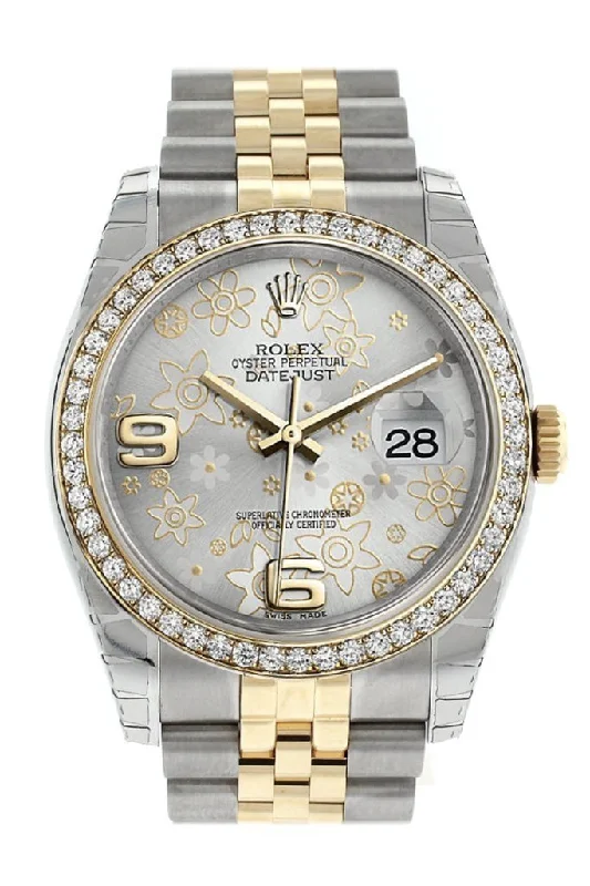 Rolex Datejust 36 Silver Floral Motif Dial 18k White Gold Diamond Bezel Jubilee Ladies Watch 116243 Pre-owned