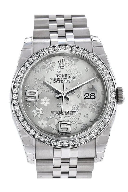 Rolex Datejust 36 Silver Floral Motif Dial 18k White Gold Diamond Bezel Jubilee Men's Watch 116244 Pre-owned