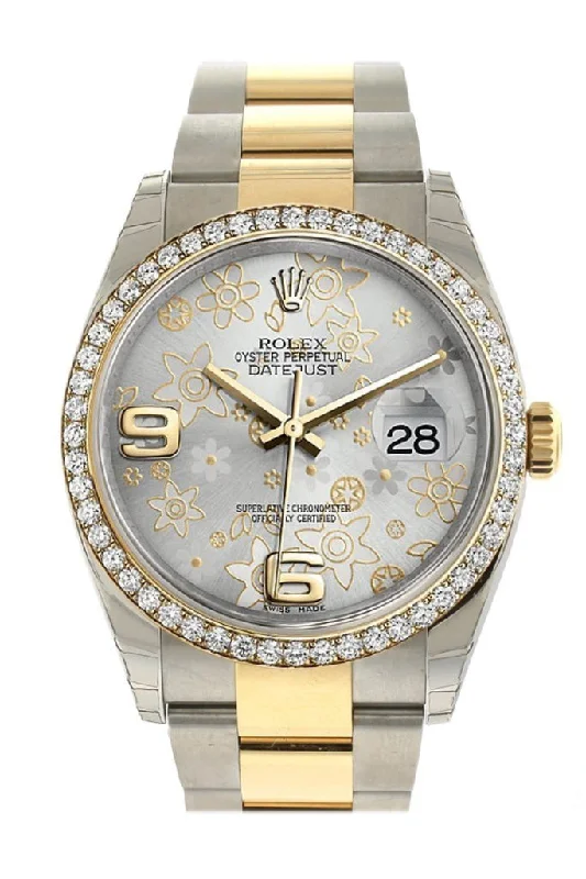 Rolex Datejust 36 Silver Floral Motif Dial 18k White Gold Diamond Bezel Ladies Watch 116243 Pre-owned