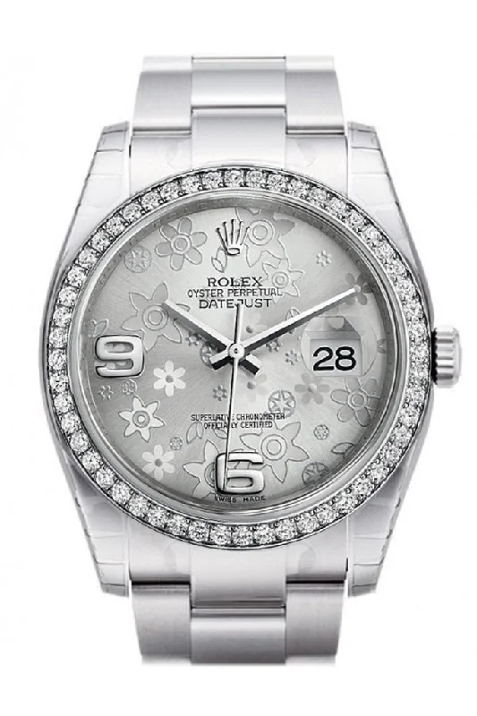 Rolex Datejust 36 Silver floral motif Dial 18k White Gold Diamond Bezel Men's Watch 116244 Pre-owned