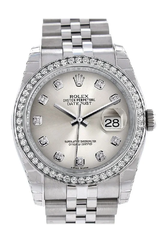 Rolex Datejust 36 Silver Diamonds Dial 18k White Gold Diamond Bezel Jubilee Men's Watch 116244 Pre-owned